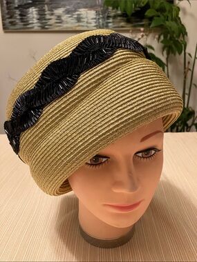Chic Metallic Gold Straw Cloche Hat with Black Beaded Trim